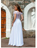 Cap Sleeves White Lace Chiffon Slit Airy Wedding Dress